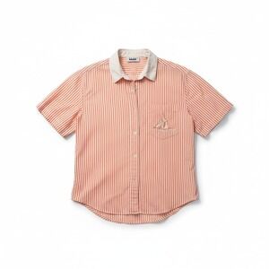 Ilio Orange White Striped Short Sleeve Button Down, Women's Small Shirt Sailboat